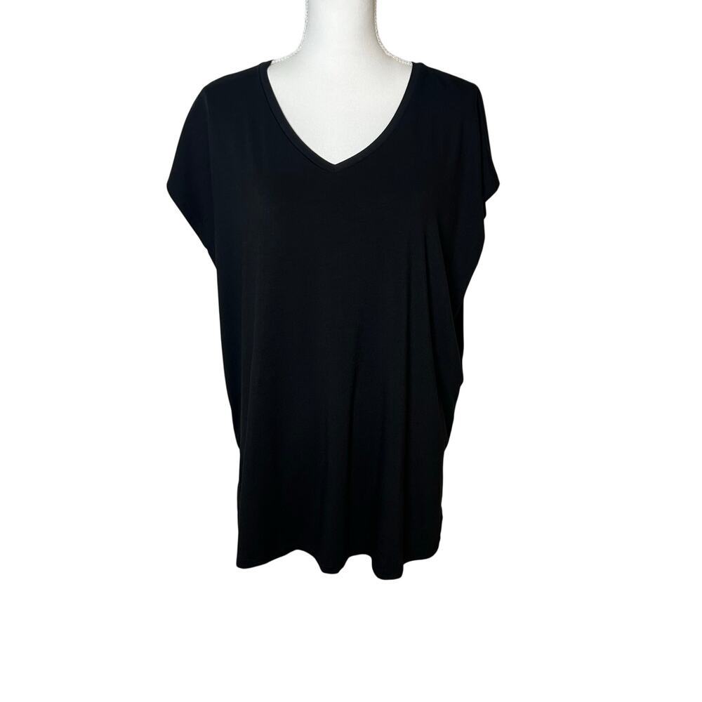 Eileen Fisher NWT system black v-neck short sleeve long boxy jersey top size L